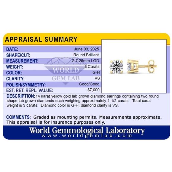 3 ct Lab Grown Diamond Stud Earrings G Color VS Clarity 14K Yellow Gold NWT - Picture 6 of 6